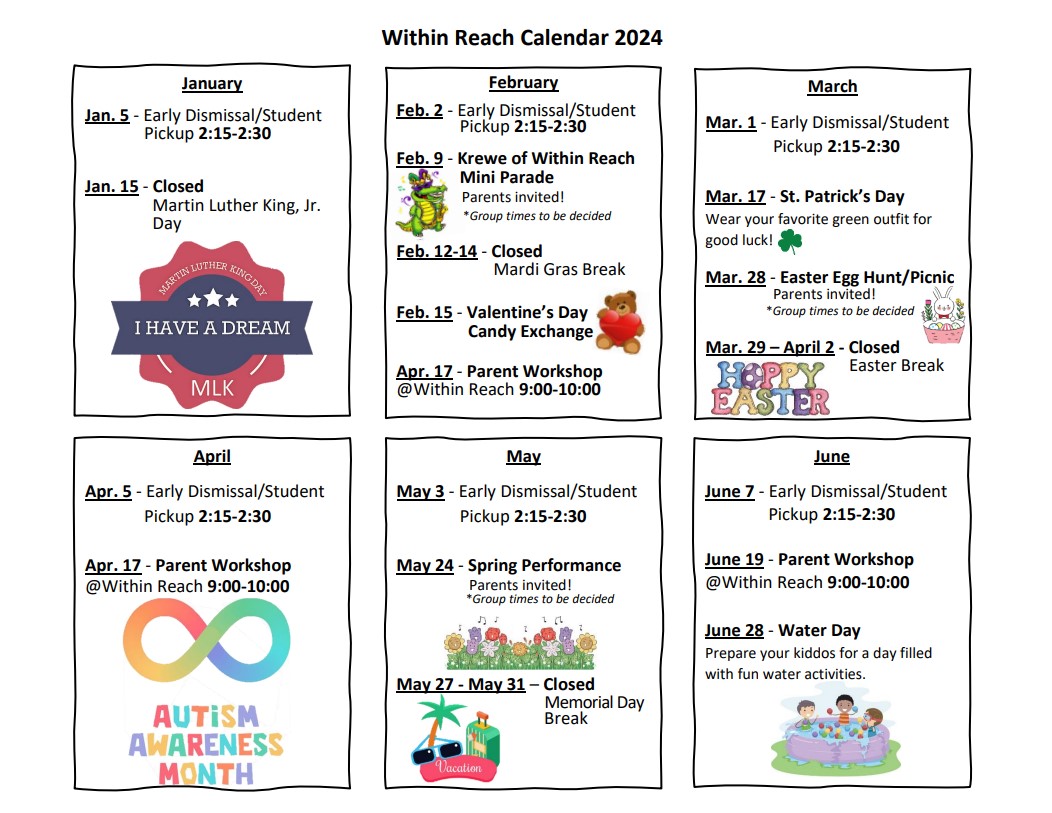 School Calendar | Within Reach | Center for Autism | New Orleans Metro Area